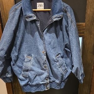 Zara Vintage Look Bomber Blue Denim Jacket